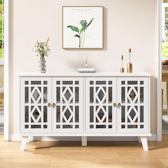 Scurrty 52" Buffet Cabinet with Storage,Sideboard with 4 Doors, Skeletonized Coffee Bar with Storage, Sideboard Cabinet for Dinning Room, Kitchen & Living Room (White)