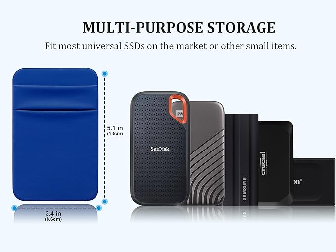 Lacdo Portable Hard Drive Sleeve for Laptop, 2-Pocket Stick on Pouch with Reusable Adhesive, for SanDisk, Samsung, Crucial, Portable External Solid State Drive SSD Hard Drive Carrying Case, Blue