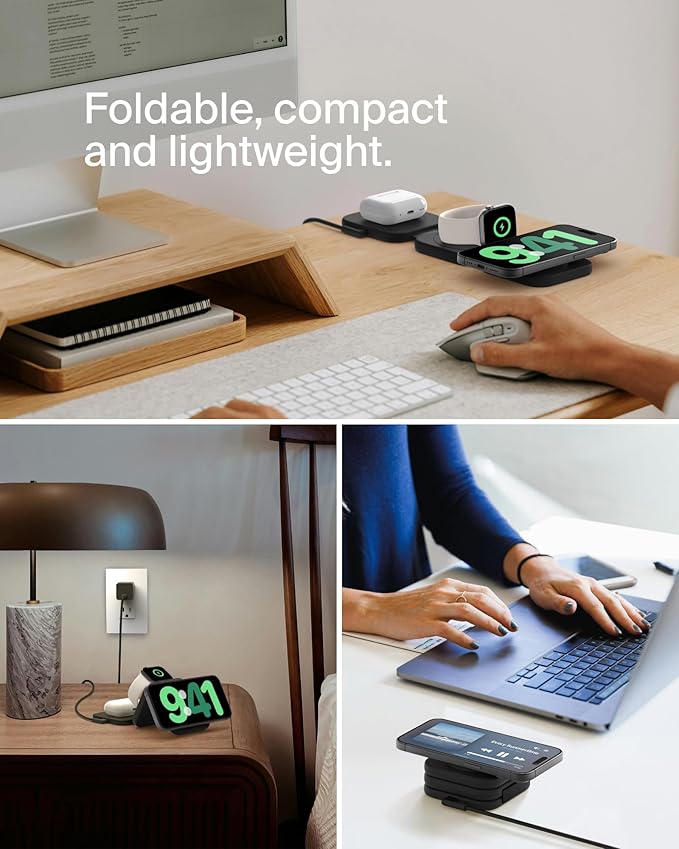 Belkin MagSafe Charger Compatible 3-in-1 Magnetic Charging Travel Pad 15W-BoostCharge Pro Foldable Qi2-Certified Wireless Charger, MagSafe-Compatible Charger for iPhone 16 Series, Apple Watch, AirPods