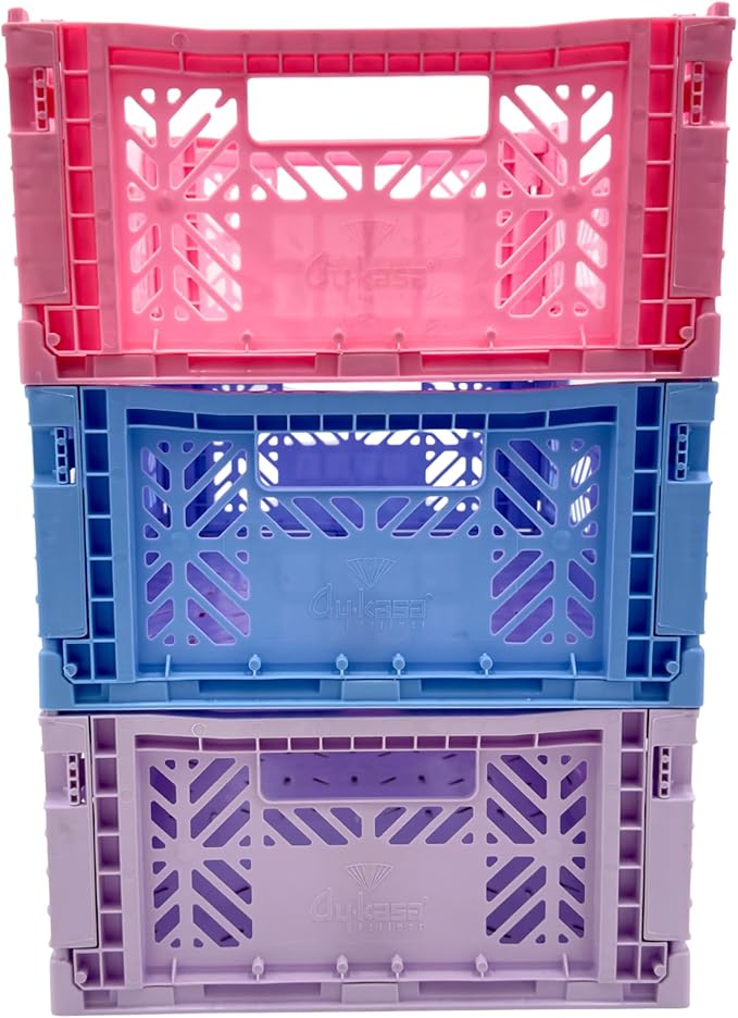 Collapsible Storage Box, Foldable Crate Organizer Bin with Handle, Stackable Crates for Home Organization (Blue-Purple-Pink, 14L - 3 Pack)