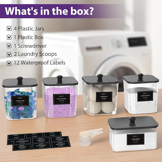 4+1 Pack Clear Laundry Pods Container & Dryer Sheet Holder, Plastic Square Laundry Room Organization and Storage Jars with Black Lids, Scoops & Labels for Detergent, Powder, Dryer Balls