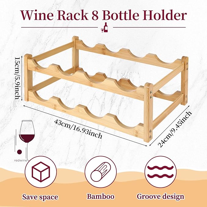2 Pack Wine Racks, 2-Tire Bamboo Wine Rack, Wine Rack for Inside Cabinet 16 Bottles Wine Storage Holder Liquor Bottle Display Shelf Suitable for Bar,Home,Kitchen,Cellar Basement,Restaurant