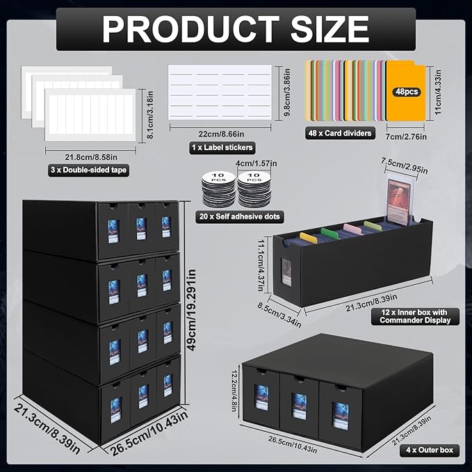 7200+ Card Storage Box, 1300+ Toploader Storage Box for Commander Display,with 48 Dividers, Labels & Tapes,Fit for TCG, PTCG, MTG