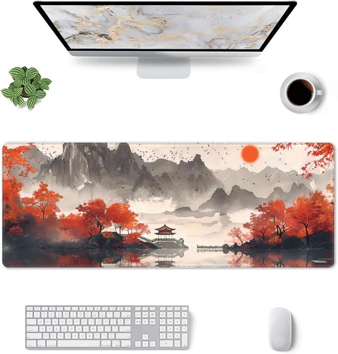 Autumn Landscape Ink Painting Large Mouse Pad, Japanese Anime Gaming Desk Mat, XL Keyboard Desk Pad Mat for Desktop, 31.5"x11.8" Non-Slip Base Big Mousepad with Stitched Edges
