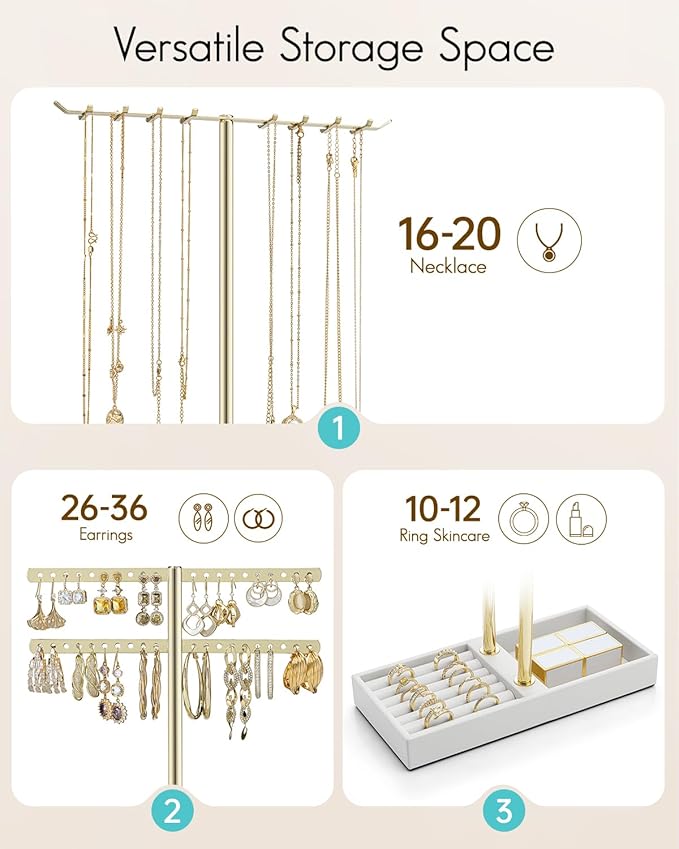 Vlando 2 Tier Jewelry Stand Organizer with Tary, Leather Jewelry Holder Display for Women, Gold Jewlery Holder Stand for Necklace, Earring, Bracelet, Rings - White