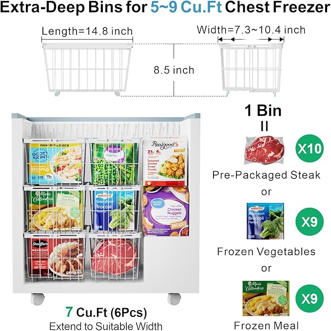 iSPECLE Freezer Organizer Bins - 3 Pack Adjustable Chest Freezer Organizer Bins for 5 to 9 Cu.Ft Deep Freezer, Extra Large & Easy Organize Basket Store More, Stackable No Wasted Space, White