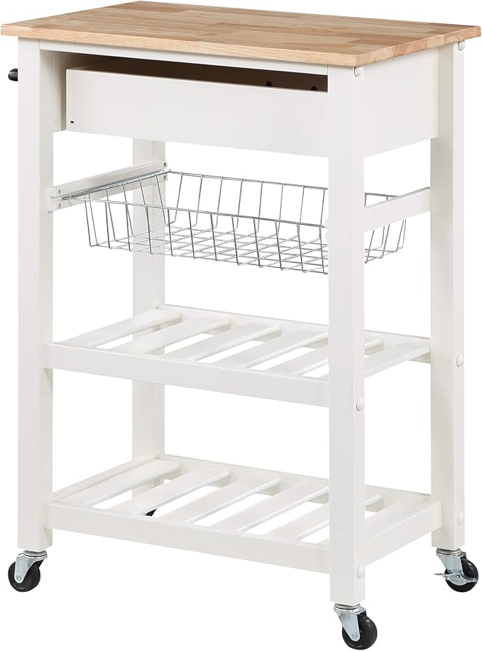 OSP Home Furnishings Hampton Kitchen Cart with Wood Top, Utensil Drawer, Under Cabinet Basket, and 2 Slatted Shelves, White Base