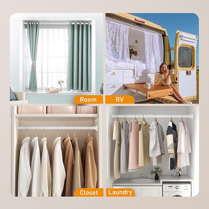 White Adjustable Closet Rod 18-92 Inches, Heavy Duty Metal Clothes Hanging Rod, Rust-Proof Non-Slip Wardrobe Bar for Closet, Laundry Room, RV