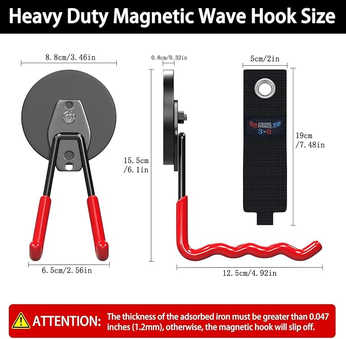 3-H Magnetic Wave Hooks Heavy Duty 2 Pack, Large Magnet Garage Hooks Heavy Duty and Strong Utility Magnetic Tool Holde for Hanging and organizing Garden Power Tool (Red
