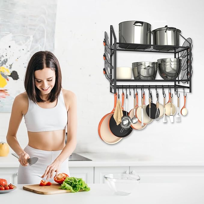 28 Inch Pot Rack Wall Mounted, 2 Tier Pots and Pans Organizer with 20 Hooks and 6 Pot Lid Holders, Heavy Duty Steel Pot and Pan Hanger for Kitchen Cookware Utensils Storage 34.7" Lx13 Wx26.4 H