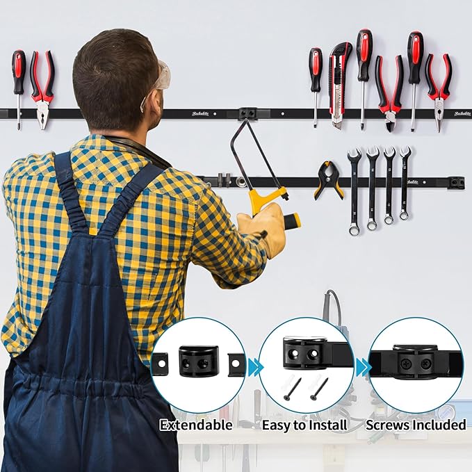 4 Pieces 12" Magnetic Tool Holder Strip, Black Magnet Bar, Metal Tool Organizer Rack for Garage Organization, Easy To Install in Workshop, Mounting Screws Included