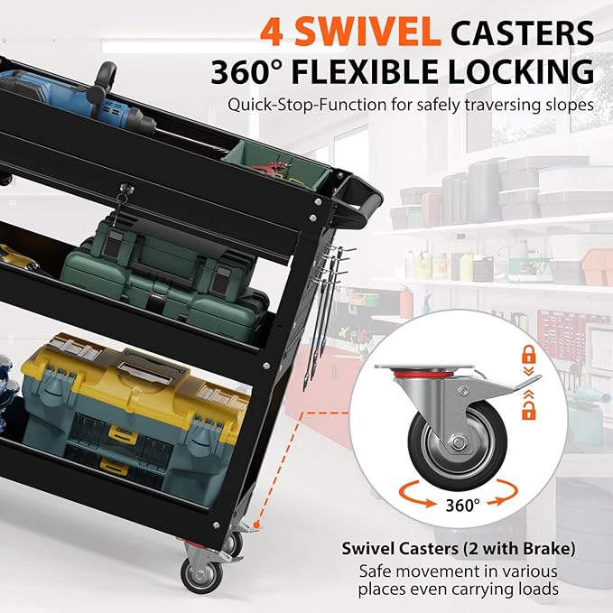 3 Tier Rolling Tool Cart with Drawers, Heavy Duty Utility Cart on Wheels, Large Storage Capability Service Cart for Garage, Warehouse and Repair Shop (Black)