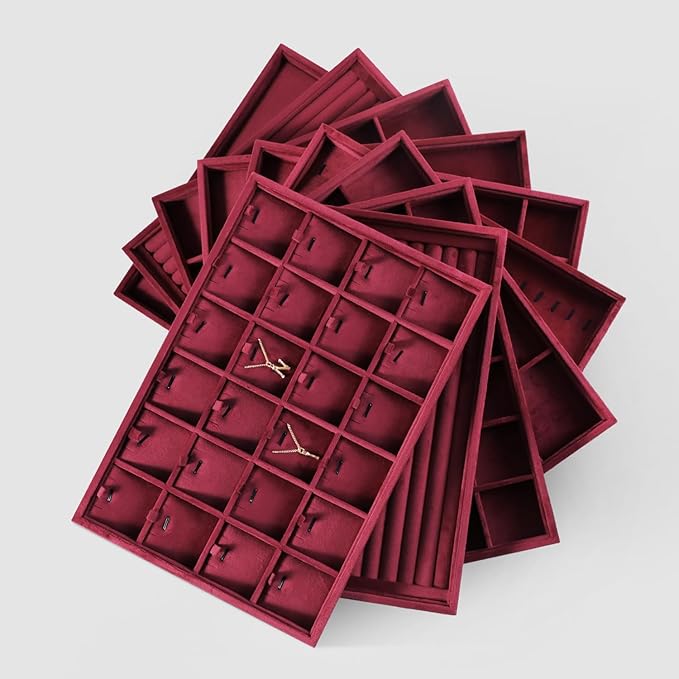 Velvet Necklace Display Tray, Stackable 24 Grid Insert Pendant Necklaces Storage Holder Plate, Jewelry Retail Countertop Organizer (Red)