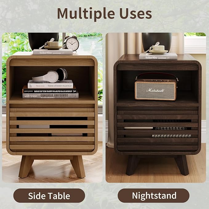 Fluted Night Stand Nightstand with Drawer Storage Grille Bed Side Table End Table Large Modern Wide Bedside Stand Tall Night Stands for Bedroom Living Room Sofa Couch Home Office, Dark Walnut