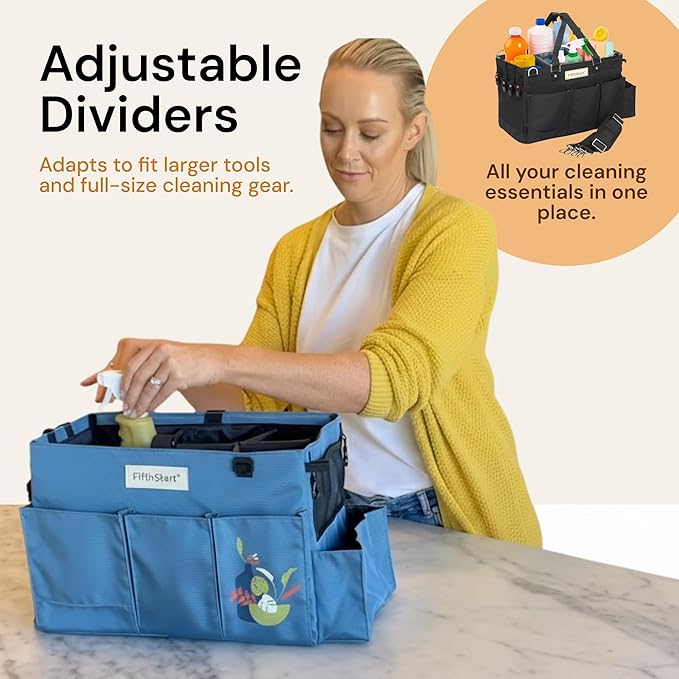 FifthStart Multiuse Cleaning Caddy w/Waist & Shoulder Strap - 9 Pockets Tote Bag for Housekeeping Gardening Fishing Bathroom Organizer Adjustable Compartments, Black Large Caddy Organizer with Handle