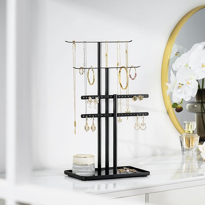 pickpiff Jewelry Stand Organizer, 14.5" Tall Sturdy Metal, 3-Tier Jewelry Holder for Necklace, Earring, Bracelet, Ring, Hanger for Display and Storage, Aesthetic Room Decor, Black