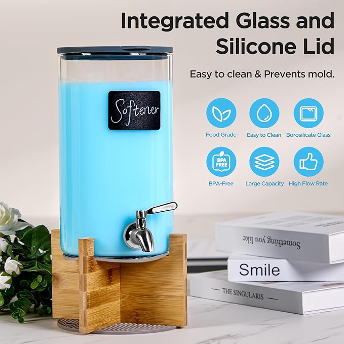 Glass Laundry Detergent Dispenser with Holder,1.1 Gallon Laundry Liquid Dispensers with Stainless-Steel Tap,Large Glass Fabric Softener Containers with Stand for Laundry Room Organization