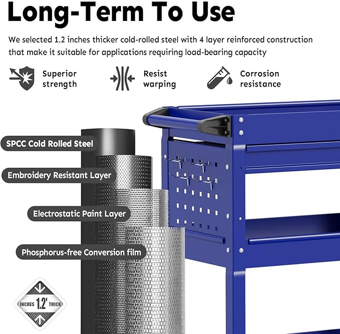3-Tier Rolling Utility Cart, Metal Heavy Duty Utility Cart on Wheels with Lockable, 330 lb. Load Large Storage Capability Tool Cart for Garage, Warehouse, Repair Shop（Blue）