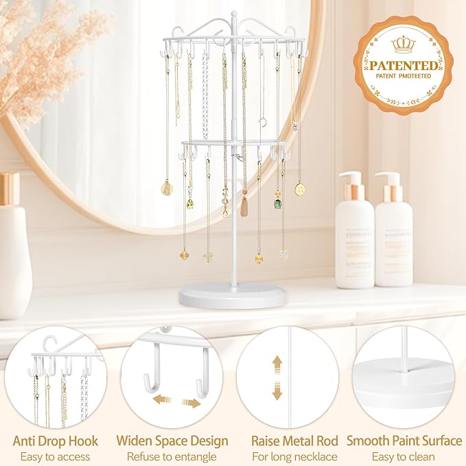 MODOWEY Rotating Necklace Holder Organizer Display Stand with 42 Hooks, 2 Tier Adjustable Metal Tree for Long Necklace Hanger Selling, Tall Spinning Bracelet Storage Rack for Men Women, White