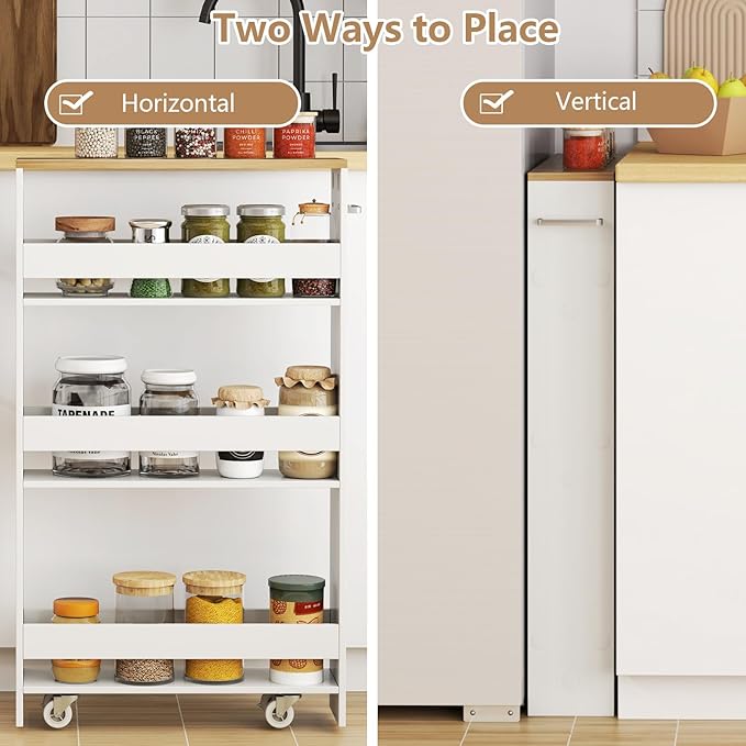 Slim Rolling Storage Cart, 4 Tier Narrow Kitchen Cart with Wheels, Between Washer and Dryer Cart, Wood Shelving Unit Organizer w/Handle for Small Spaces (White & Natural, 5-Inch)