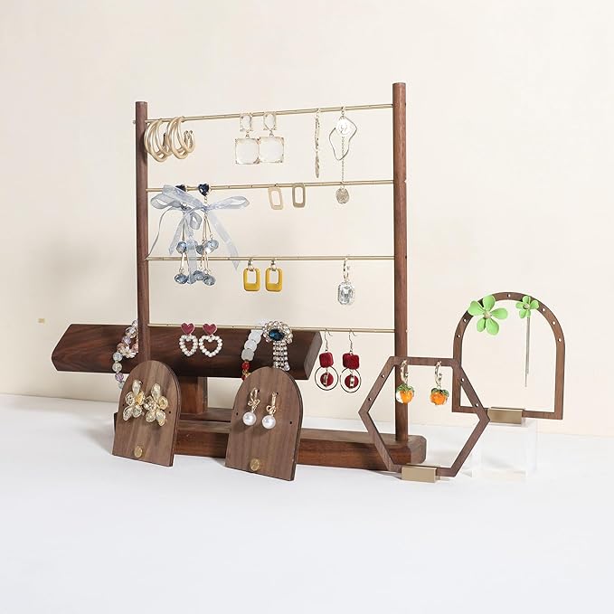 GemeShou Walnut earrings display stand for selling, wooden jewelry earring organizer shelf, wood earring storage organizer rack for boutique store【Earring shelf-Large】