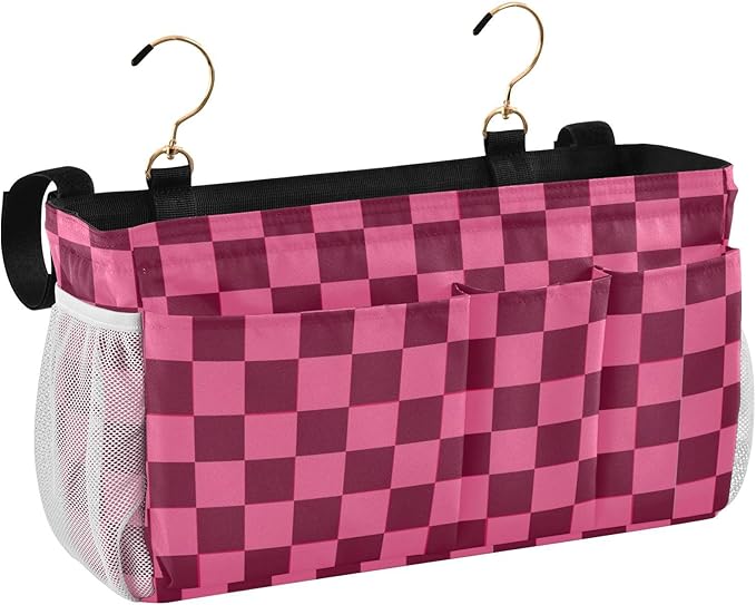 Checkered Hot Pink Bedside Caddy for Dorm Bed Bedside Hanging Caddy Bag Iron Frame Storage Organizer Pocket for Bunk Home College Hospital Beds 2 Hooks
