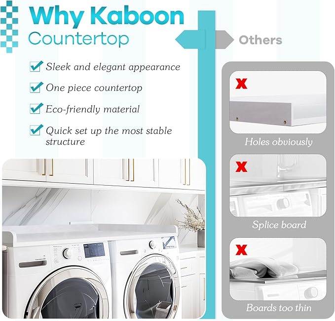 Kaboon Washer Dryer Countertop, Melamine Countertop with Edge Rails - 27.5" Depth x 54" Width Laundry Room Organization, White Rock
