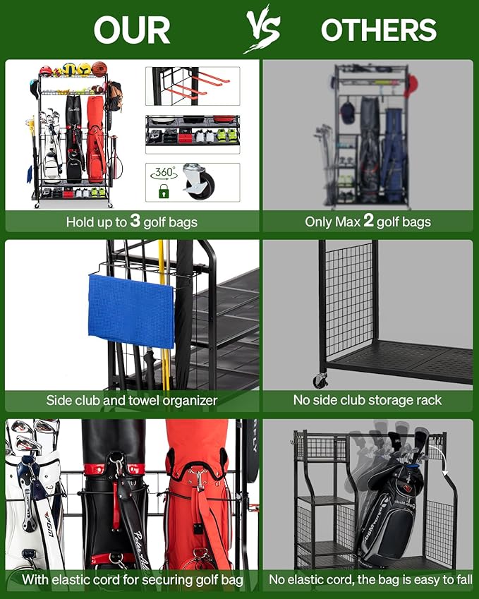 Golf Bag Storage Garage Organizer, 3 Golf Bag Stand and Sports Equipment Storage Rack for Garage with Wheels, 4 Hooks, Golf Accessories Storage Rack with Extra Golf Clubs Display Rack