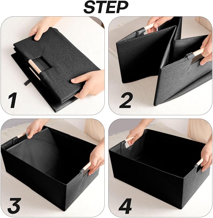 Fabric Storage Bin 3 Pack Foldable Cotton Linen Storage Basket with Wooden Handles Rectangular Cube Box – Black, Medium