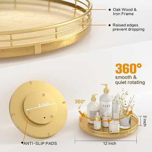 12" Gold Lazy Susan for Table Top, Oak Wood Lazy Susan Turntable Organizer for Dining Coffee Table Centerpiece Bar Decor Kitchen Countertop Bathroom Vanity Decorative Tray for Perfume Jewelry Round