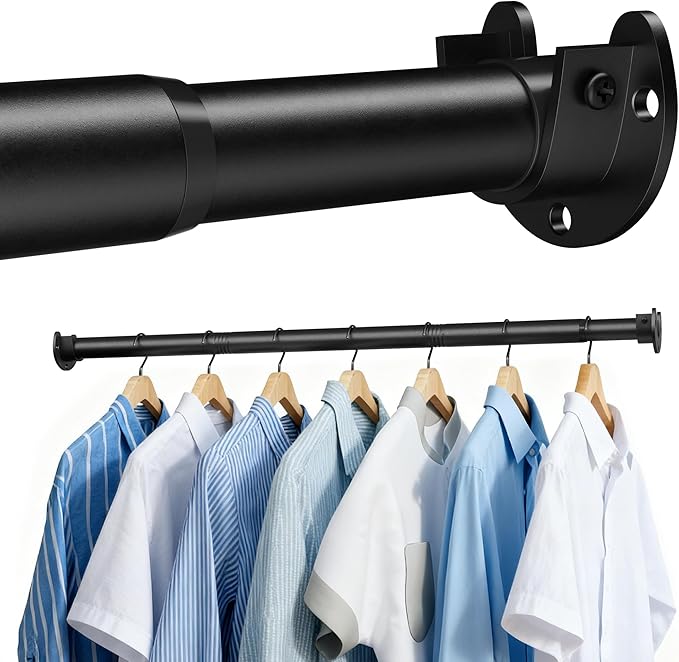 Stepless Adjustable Closet Rod, 66 lb Capacity, Fits 17-84 Inch Spaces, 1.3'' Heavy-Duty Metal Closet Rods for Hanging Clothes, Ideal for Closet, Wardrobes, Laundry or Rvs, Matte Black