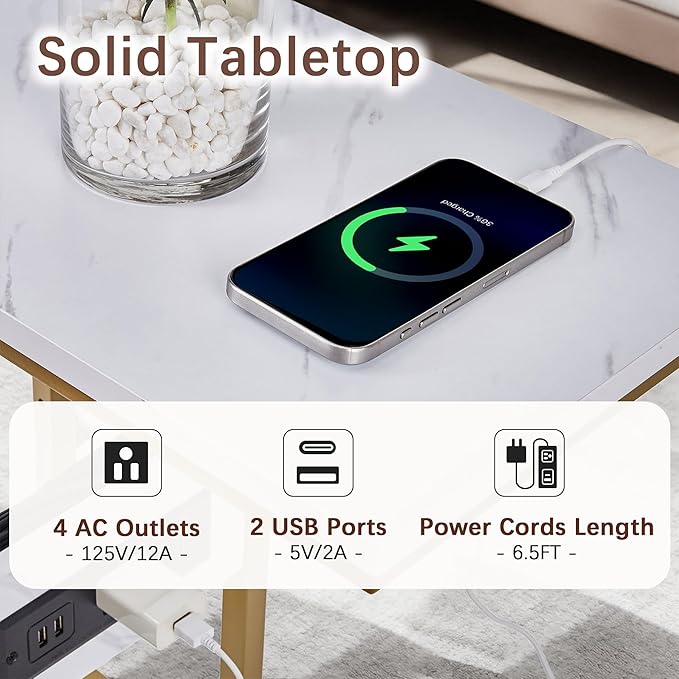 VECELO C Shaped End Side Table with Charging Station & Power Outlets for Couch Sofa/Bed, Snack TV Tray with Metal Frame for Living Room Bedroom 1 PCS Gold
