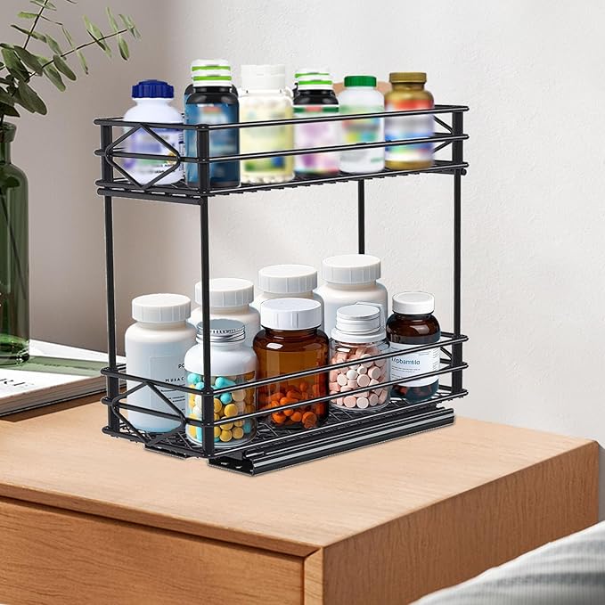 Pull Out Medicine Organizer,Slide Out Storage Drawers,Spice Rack Organizer for Cabinet,Pill Bottle Storage for Holding Vitamins,Supplements Cosmetics,10.43”L x 4.33”W x 7.87”H,2 Tier,Black