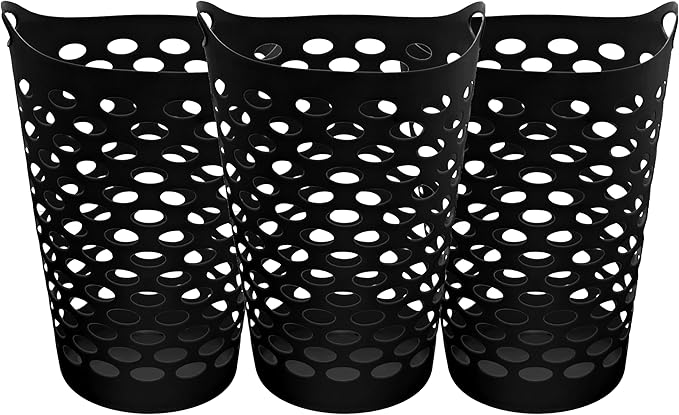 2.2 BUSHEL Flexible Laundry Basket,Tall plastic hamper for Clothes, Bedroom, and Storage - Portable Round Bin with Carry Handles 17.75" x 17.25" x 26", White,Black,3 pack (Black)