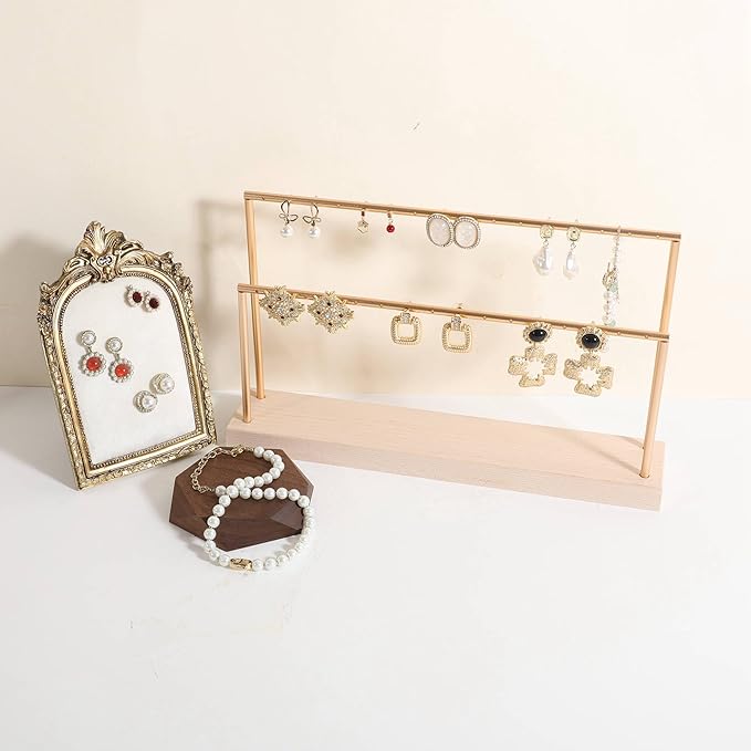 GemeShou wooden earring holder organizer for girls, maple stud earring display stand for boutique store, jewelry storage organizer shelf【maple stand-Two Tiers】