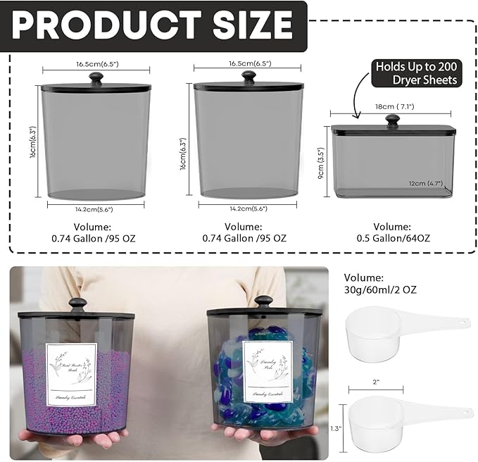3 Pack Laundry Powder Container & Dryer Sheet Holder, Plastic Laundry Room Organization and Storage Jars with Lids, Labels & Scoops for Powder, Detergent, Scent Booster (Black)