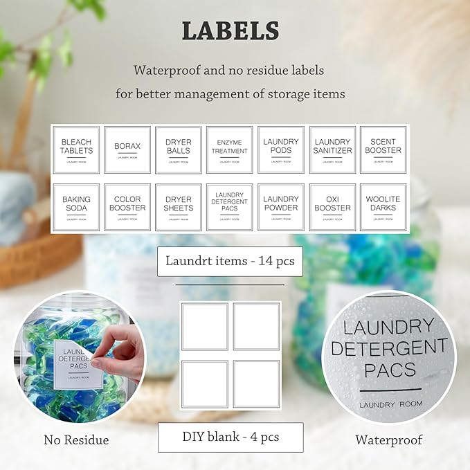 Laundry Glass Jars with Dryer Sheets Holder, Containers with Scoop and Labels for Laundry Room Organization and Storage Detergents Pods or Powder, Scent Booster Beads, Set of 3