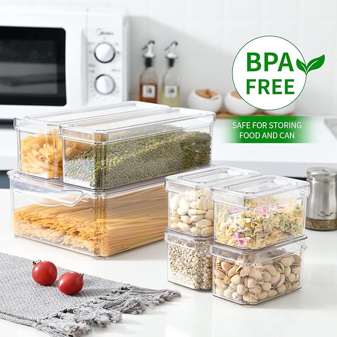 14-Pack Clear Fridge Organizer Bins with Lids, Stackable Refrigerator Storage Containers, BPA-Free with Drain Tray & Anti-Slip Base for Fruits, Veggies, Drinks