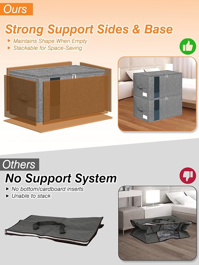 60L Blanket Storage, Comforter Storage Bag With Rigid Side & Bottom Support, Stackable Clothes Storage Bin For King Size Comforters Sweater Bedding Quilt Pillow Closet Organizer,21.7x14.2x11.8in,2Pcs