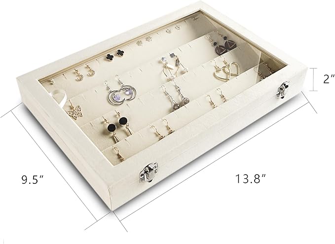 Frebeauty Earring Organizer Tray with Clear Lid 64 Slots Velvet Drawer Insert Earring Storage box with Transparent Glass lid Jewelry Display Case Store Showcase Gifts for Women(Beige, Earrings)