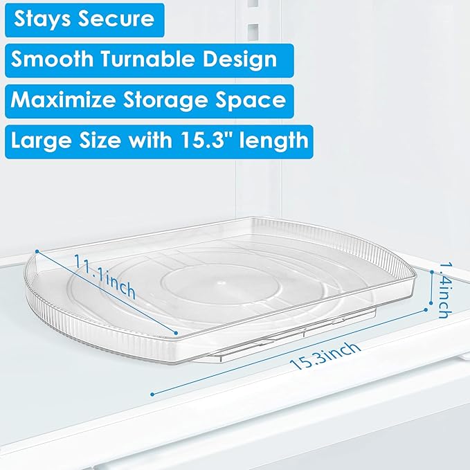FIRJOY Lazy Susan Turntable for Refrigerator, Square Turntable Organizer for Fridge Cabinet, Pantry, Countertop (15.3" x 11.1" Rectangle 2 Pack - Clear)