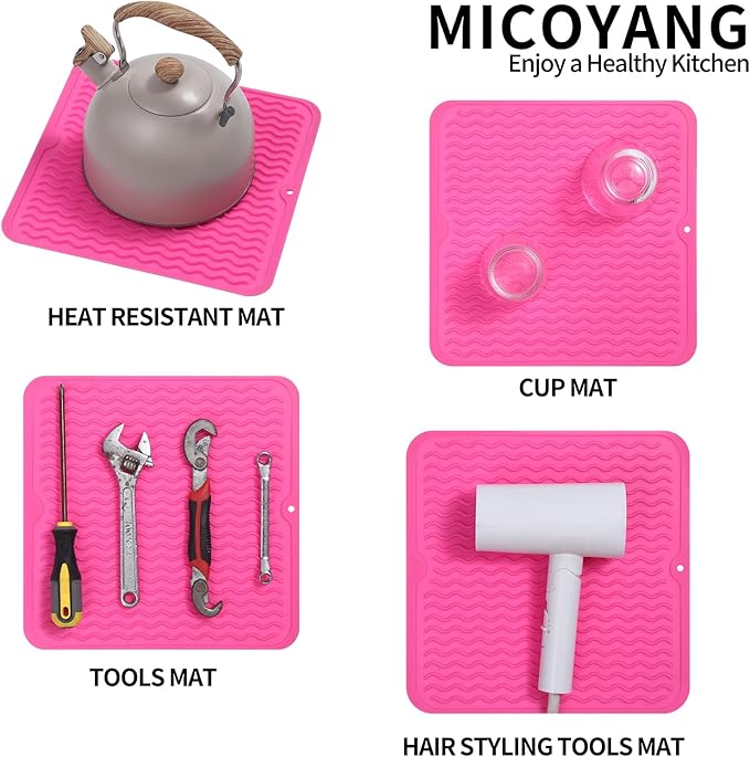 Silicone Dish Drying Mat for Multiple Usage,Easy clean,Eco-friendly,Heat-resistant Silicone Mat for Kitchen Counter or Sink,Refrigerator or Drawer liner Rose M 12 inches x 12 inches