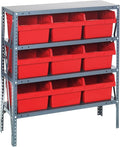 Quantum 1839-SB810RD Heavy Duty Shelving Unit with (4) Shelves and (9) QSB810 Red Bins for Garage Warehouse Storage Distribution | 400 lb Load Capacity | 18"D x 36"L x 39"H, Galvanized Carbon Steel