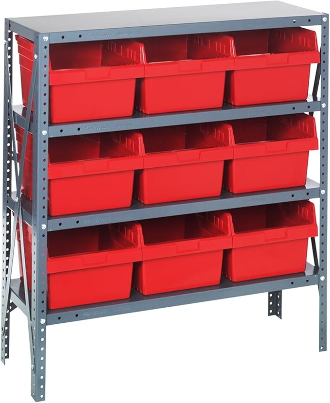 Quantum 1839-SB810RD Heavy Duty Shelving Unit with (4) Shelves and (9) QSB810 Red Bins for Garage Warehouse Storage Distribution | 400 lb Load Capacity | 18"D x 36"L x 39"H, Galvanized Carbon Steel
