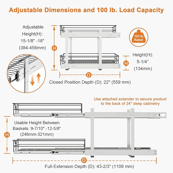 ALINE FURNITURE 2-Tier Pull Out Cabinet Organizer - 8" W x 22" D Soft Close Sliding Shelves with Shelf Liners - Pullout Drawers for Kitchen Cabinets, Pantry, Bathroom, Heavy Duty Steel Wire Baskets