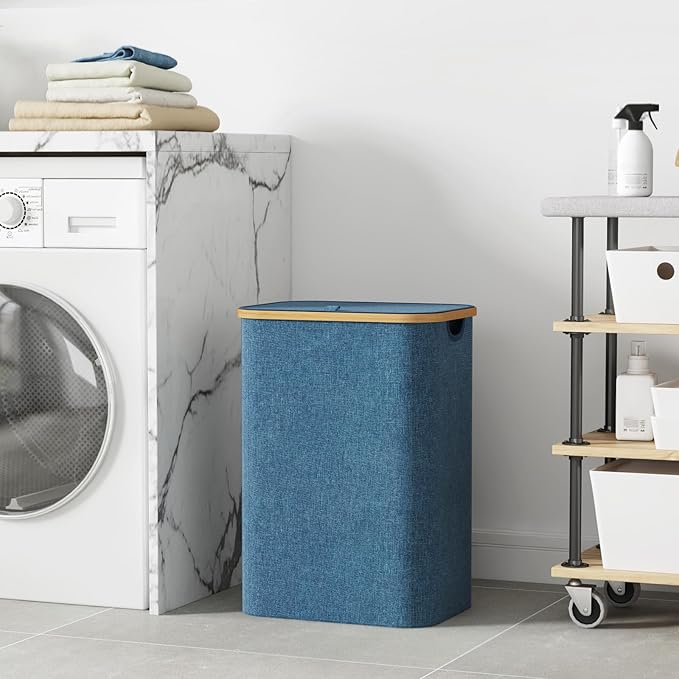 Lifewit 80L Laundry Basket with Lid, Clothes Hampers with Bamboo Handles and A Removable Laundry Bag, Large Foldable Hamper for Bedroom, Bathroom, Dorm, LaundryRoom, Dark Blue