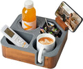 Couch Cup Holder Tray, Acacia Wood Couch Caddy With Cup Holder, Non-Slip Couch Organizer for Drinks, Snacks Remotes, Rounded Corners And Mug Slot Grey
