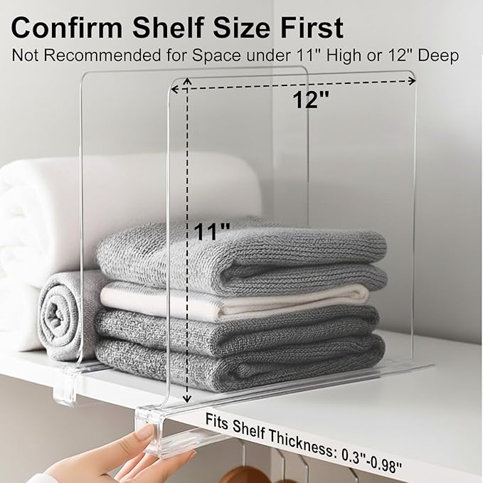 Shelf Dividers Purse Organizer for Closet: 11-inch Tall(Higher Version) Acrylic Sweater Organizer - Upgraded Extra Height for Large Handbags, Totes, Clothes, Towels on Wood Shelves 6-Pack