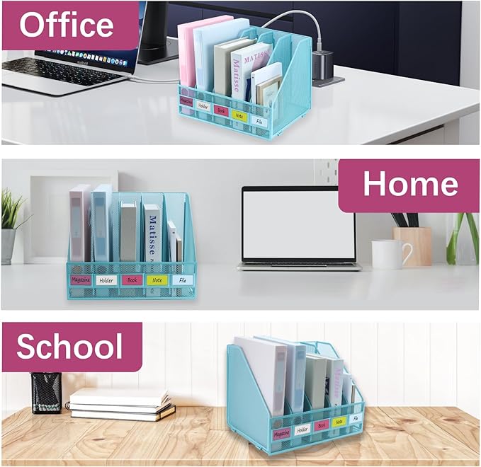 Desk Organizers, Metal Magazine File Holder with 5 Vertical Compartments Rack Binder File Organizer for Office Supplies, Home Workspace - Blue