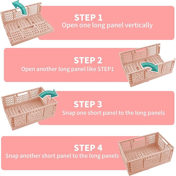 Domiella 2-Pack Crates for Storage, Storage Crates Plastic Stackable, Foldable Crate for Office Home Kitchen Bedroom Bathroom (Large, Pink)